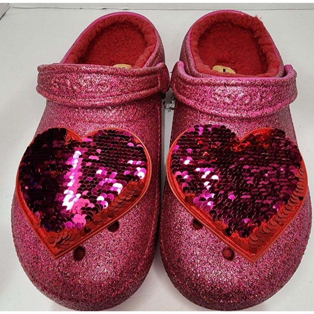 CROCS Classic Lined Pink Glitter Heart Clog Valentine's Day Sequin Womens Size 9